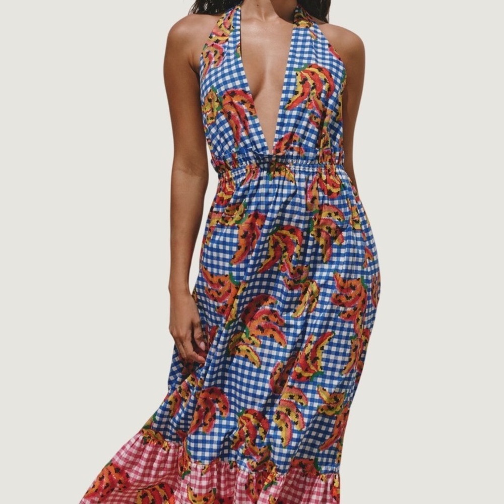 Farm Rio x Anthropologie Banana Vichy Gingham Tiered Halter Midi Dress Pink L - Picture 3 of 8